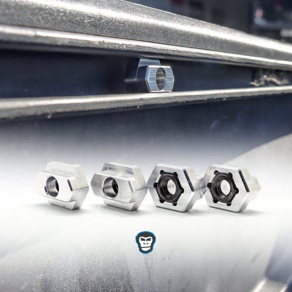 T-Slot Nuts, Billet Aluminum with Steel Nut Inserts.
